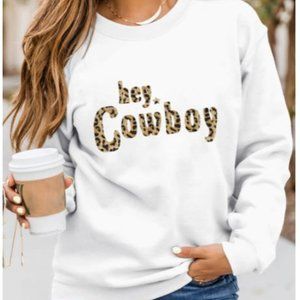 Hey Cowboy Leopard Letter Print Long Sleeve Pullover Sweatshirt